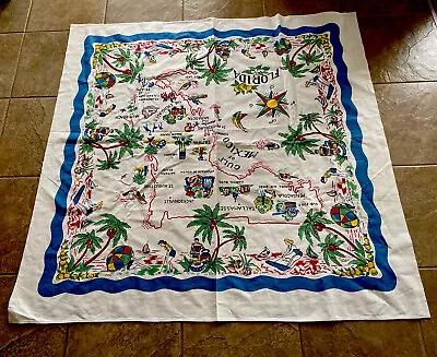 Vintage Souvenir Florida State Tablecloth Map Water Skiing Golf 46”Square • $49.44