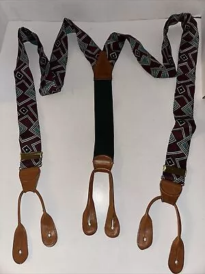 POLO RALPH LAUREN Suspenders Braces Button Burgundy Green Silk Leather Geometri • $24.88