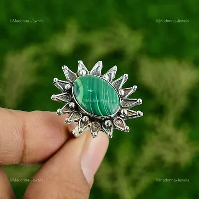 925 Silver Natural Russian Malachite Statement Flower Adjustable Ring • $12