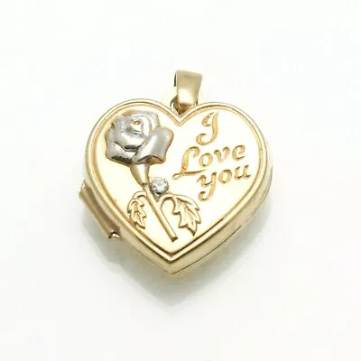 Vintage 9k Heart Locket 2 Tone Yellow White Gold I Love You Estate Small Rose • $99.99