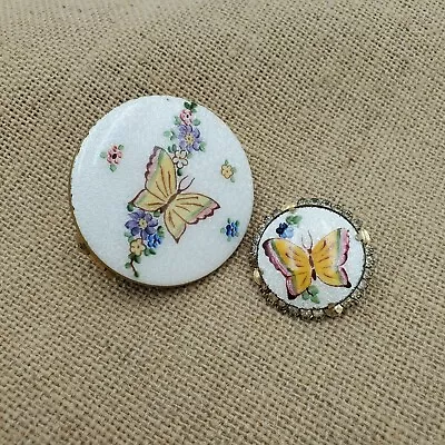 Vtg Enamel Guilloche Folding Mirror Lipstick Butterfly Pin Compact Lot 2 Flowers • $29.99