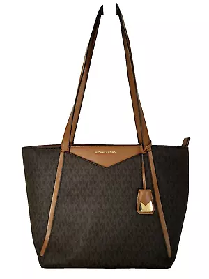 MICHAEL KORS Whitney Medium Leather Brown Signature Logo Handbag Tote • $44.95