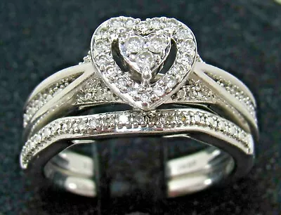 $249.99 • Buy Sterling Silver 38 Diamond Heart Engagment Ring Sz 7 Wedding Band SET JWBR Zales