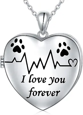 Dog Cat Pet Paw Print Heart Locket Necklace Sterling Silver I Love You Forever • $98.99