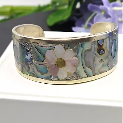 Alpaca Mexico Cuff Bracelet Abalone Shell Mother Of Pearl Floral Vtg Silver Tone • $23.20