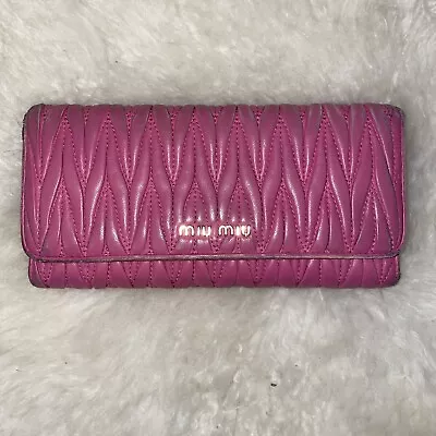 Miu Miu Matelasse Long Bifold Leather Wallet Heavy Use Authentic Hot Pink • $13.15