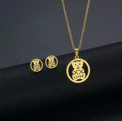 Love Heart Teddy Bear Gold S.Steel Titanium Jewelry Set: Necklace + Earrings   • $10.99