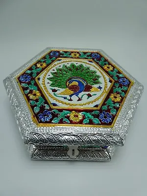 Peacock & Flowers Colored Meenakari Hexagonal Jewelry Trinket Box • $22