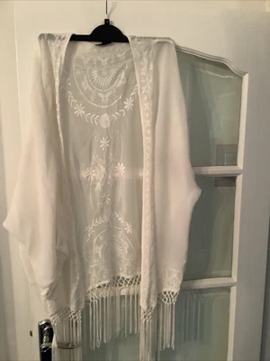 £9.99 • Buy Womens Fringed Embroided Kimono  Beach Jacket Cream By Topshop Size L Nwot