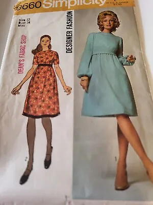 Vintage 70's DESIGNER Dress Sewing Pattern Simplicity 9660 Sz 12 B 34 Complete  • $4.99
