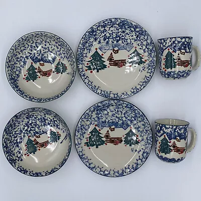 TIENSHAN CABIN IN THE SNOW Folkcraft 6 Pcs (2 Bowls 2 Salad Plates 2 Mugs) Euc • $33.59