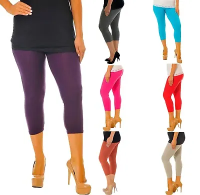 Womens Cropped 3/4 Length Leggings Ladies Capri Soft Active Wear Pants Plus Size • £9.49