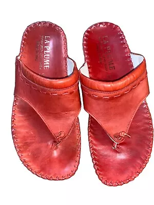 La Plume Womens Red Leather Slip On Thong Sandal Shoe Euro 37 US 6 • $17.49