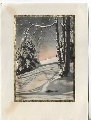 Used Vtg Christmas Card Apx 4.5x6 Snow Ice And Tree Scene Gold Foil Trim • $1.89