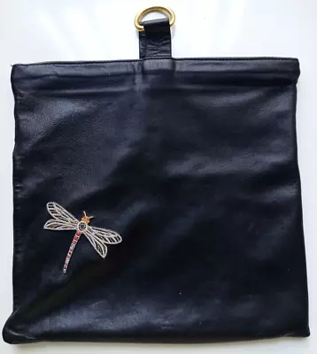 Women VTG  Mark Cross Black Leather Top Handle Embroidered Dragonfly Handbag 10  • $99