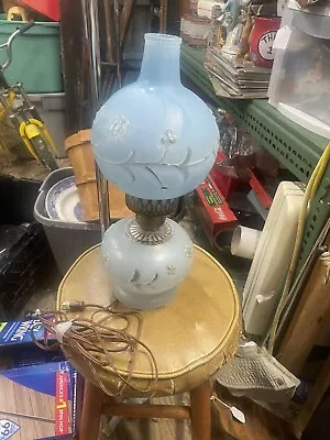 VTG Hurricane Glass Gone The Wind Light Parlor Lamp Double Globe BLUE Frosted ! • $35