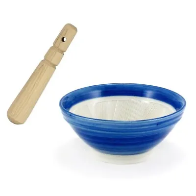 Japanese 6 D Ceramic Blue Suribachi Mortar Bowl W/ Wooden Pestle MADE IN JAPAN • $21.95