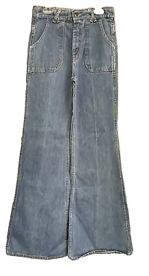 Rare VTG 1970s Hippie Mod Twiggy Denim Bell Bottom Flare Blue Jeans 26 Waist • $52