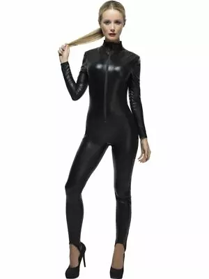 Ladies Sexy Pvc Catsuit Miss Whiplash Costume Cat Woman Halloween UK 12-14 • £36.29
