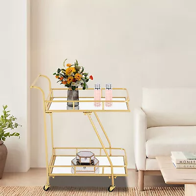 2-Tier Gold Glass Metal Beverage Cart Serving Bar Rolling Wine Storage Trolley • $118.76