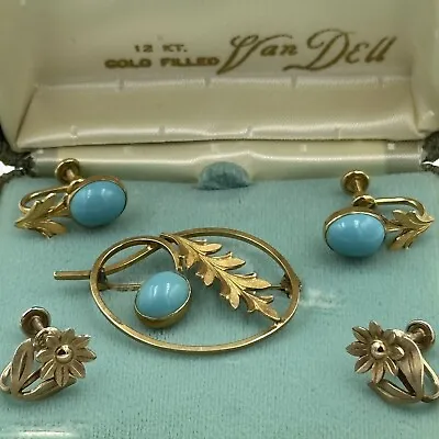 Vintage 12 KT Gold Filled Van Dell Turquoise Flower Leaf Brooch Pin Earrings • $49.98