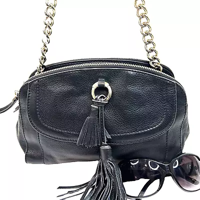 B. MAKOWSKY Black Pebbled  Leather Shoulder Bag Purse Chain Strap & Tassel • $34.95