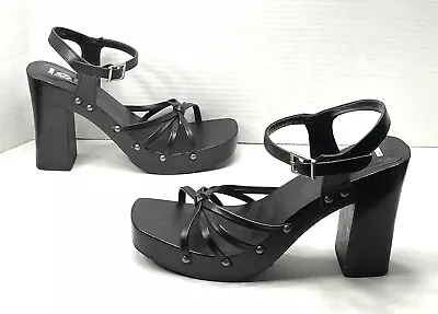 L.e.i VINTAGE Black Heels Wooden Sandals Women’s Shoes Size 7.5 US “DRIFT” • $48