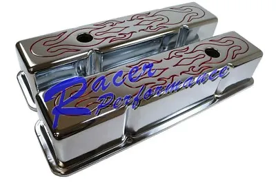 Small Block Chevy SBC Chrome Steel Tall Red Flamed Valve Cover 283 327 350 400 • $99.89