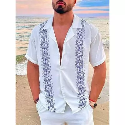 Men's Short Sleeve Button-Up Casual Cuban Guayabera Beach Wedding Dress Shirt • $18.99