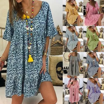 Womens Boho Floral Loose Tunic Dress Ladies Summer Beach Baggy Kaftan Dress US • $21.19