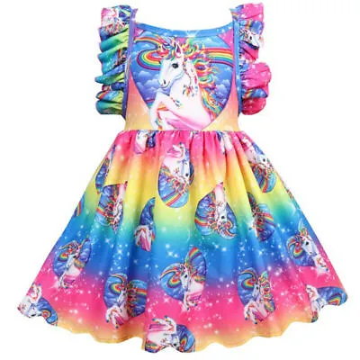 $21.09 • Buy Kids Girls Rainbow Unicorn Princess Dress Ruffle Sleeveless Party Swing Dresses