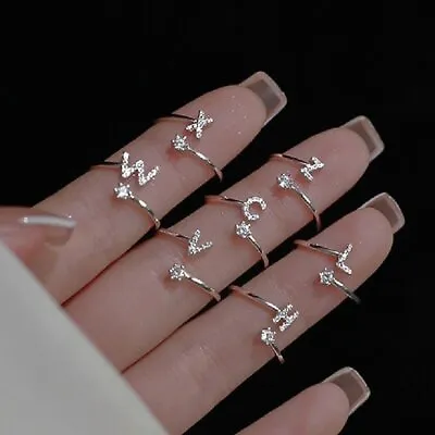 Initial Letters A-Z Zircon Rings 925 Silver Rings Women Wedding Adjustable • $2.81