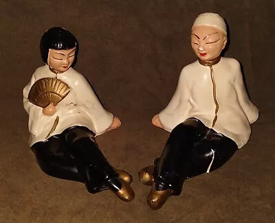 Vintage Chalkware Asian Couple Sitting Ca. 1950's Hand-painted Collectible *Read • $10