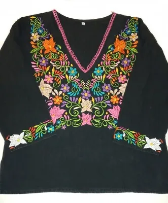 Women Embroidery Boho Shirt 3/4 Sleeve Mexican Bohemian Tops Tunic Casual S/M • $19.99