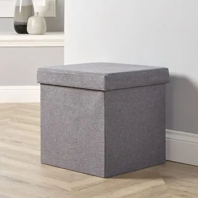 Folding Ottoman Grey Linen Fabric Chest Solid Sturdy Storage Space Saving Box • £16.99