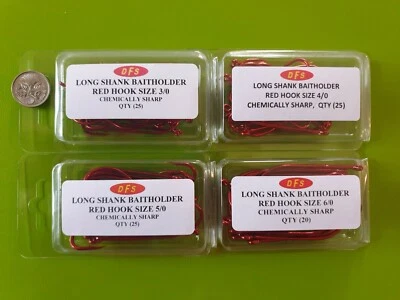 95 DFS RED Size 3/04/05/06/0 LONGSHANK BAITHOLDER FISHING HOOKS  • $16.70