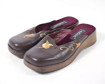 Matisse Brown Leather Embroidered Slip On Wooden Platform Clogs Sz 6M • $24.99