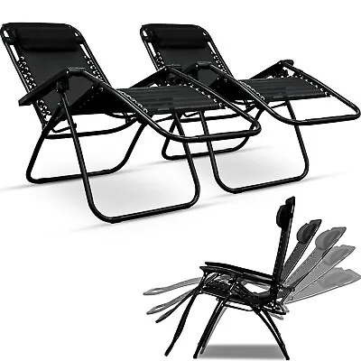 2x Zero Gravity Reclining Chair Garden Sun Lounger Folding With Pillow Black • £59.85