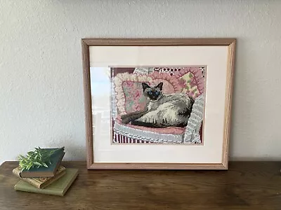 Vintage Professionally Framed Siamese Cat Needlepoint Embroidery Art - 20 X18.5  • $40