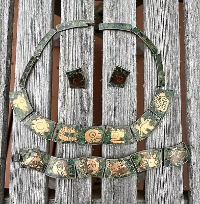 Mexican Green Stone Mosaic Jewelry Set With Copper Inlay Vintage JBA • $169