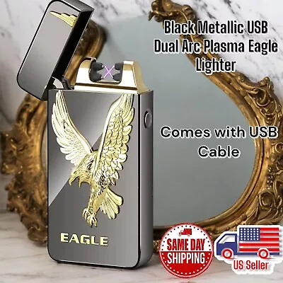 USB Black Metal Eagle Rechargeable Lighter Windproof Dual Arc Flame  • $12.99
