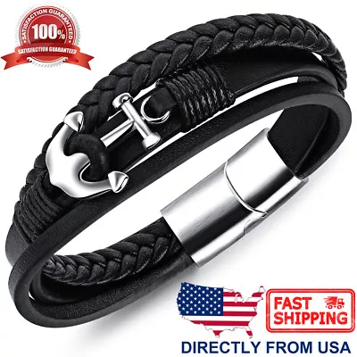 Men's Stainless Steel Anchor And Braided Black Leather Bracelet • $17.08