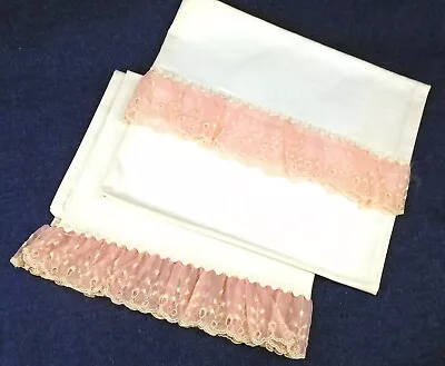 2 Vintage Pillowcases Blush Rose Pink Lace Trim Feels Like Linen 20.5 X 31  • $17.95