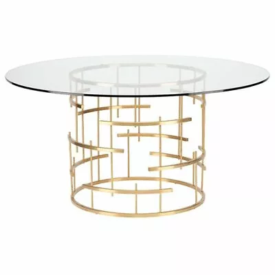 Maklaine 59  Round Glass Top Metal Dining Table In Gold • $2364.68