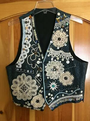 VTG 90s Handmade Bohemian Appliqued Doily Vest Buttons Beads Ribbon Medium? • $14.95