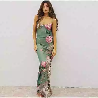 Green Roccoco Floral Printed Maxi Slip Sexy Womens Dress • £17.70