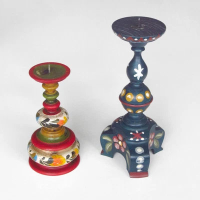£8.62 • Buy 2 Wooden Candle Stands Red 15 Cm & Blue 21.5 Cm, Farm Painting Colorful Painted