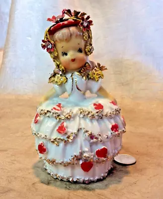 VNT Lefton Valentine Bell Gold Spaghetti Trim Red Heart Girl Figurine 1950s • $32