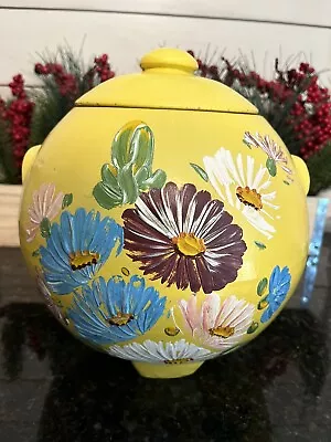 Ransburg Yellow Round Cookie Jar Canister Hand Painted Flowers Lid Vintage • $39.99