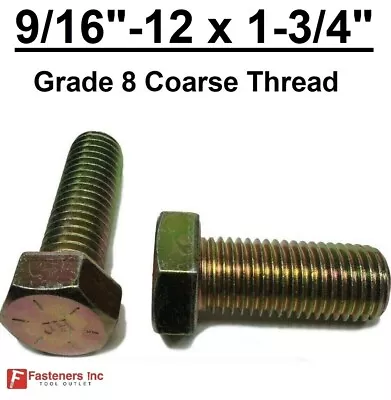 9/16-12 X 1-3/4  Hex Bolt Yellow Zinc Plated Grade 8 Cap Screw Coarse Thread • $10.58